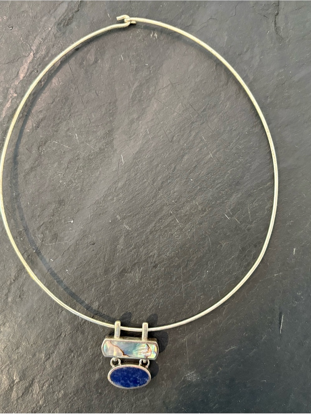 Silver Tone Necklace with Abalone and Lapis Pendant - Blue